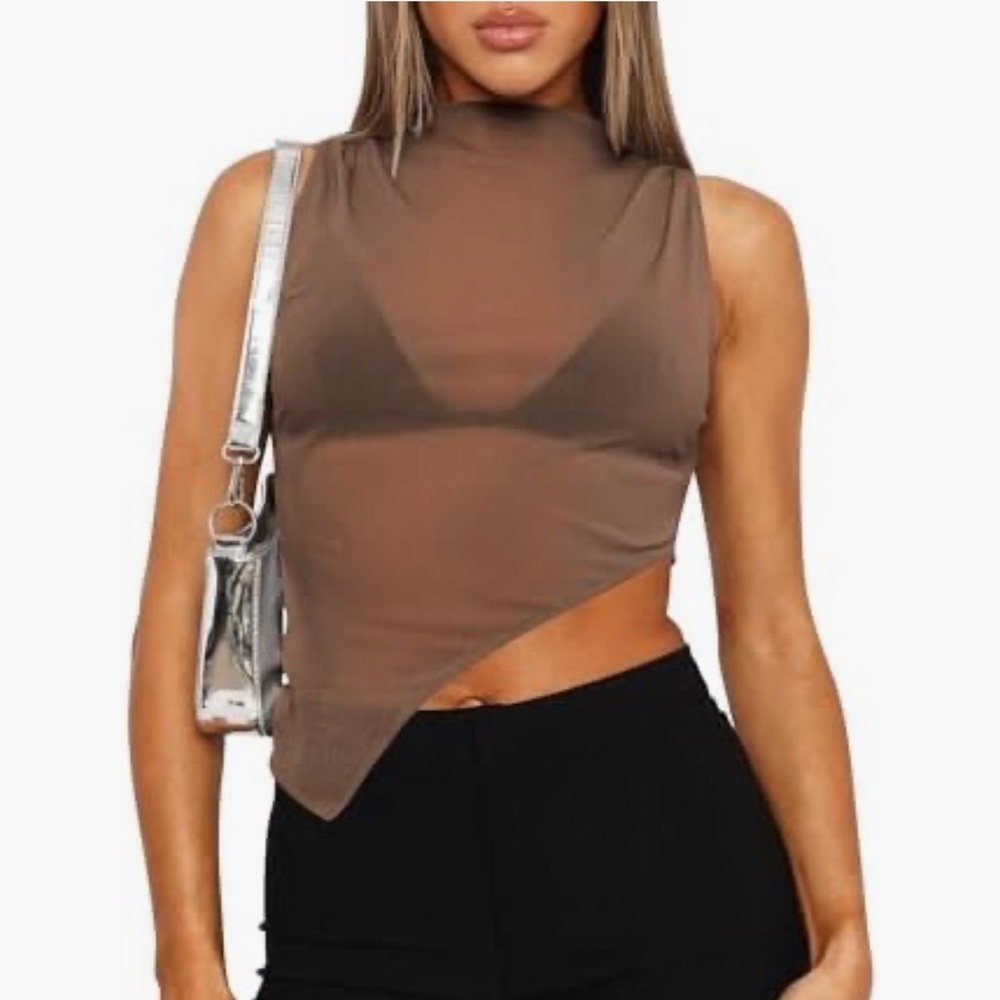 Sheer Mesh Asymmetrical Mock Neck Tank Top Crop Tol | medium | BRAND NEW - Picture 9 of 9